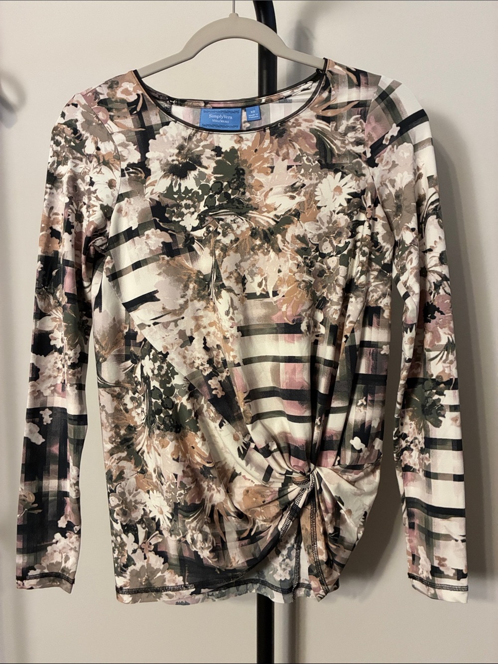 Simply Vera Vera Wang Multicolor Floral Stripe Twist-Front Long Sleeve Top XS